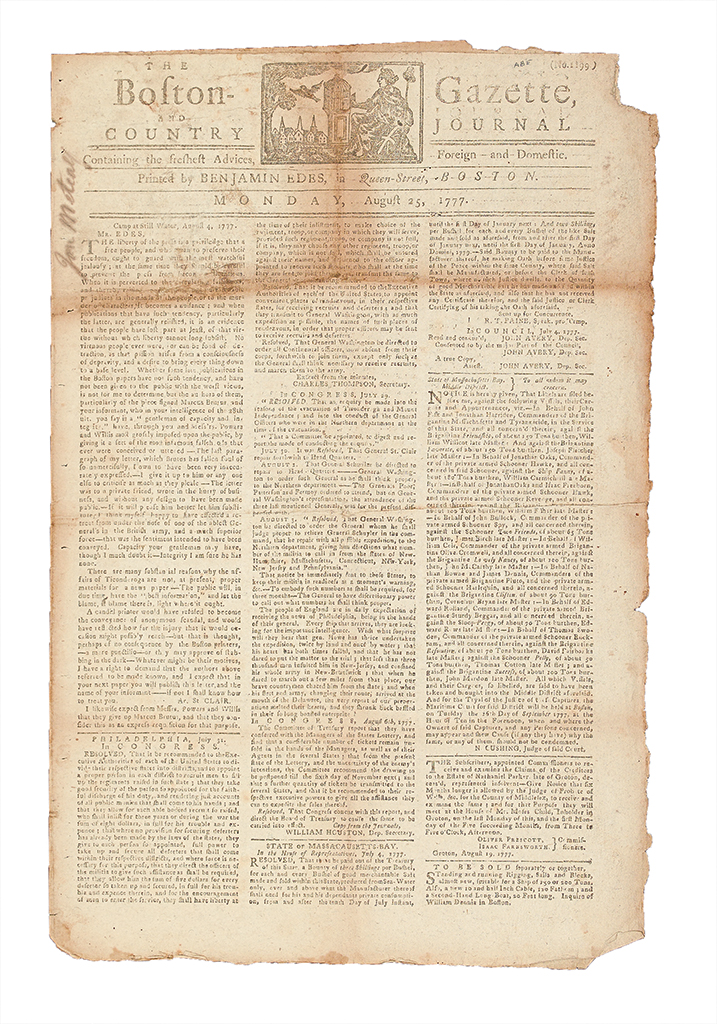 (AMERICAN REVOLUTION--1777.) The Boston-Gazette and Country Journal.